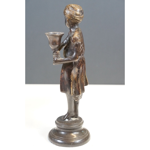 144 - Pair of Indian bronze candelabra candle holders depicting figures holding torches raised on circular... 