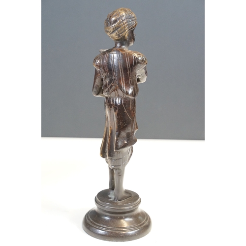 144 - Pair of Indian bronze candelabra candle holders depicting figures holding torches raised on circular... 