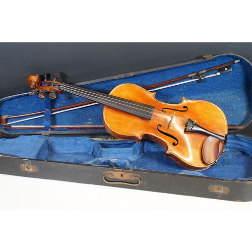160 - Antique violin with two bows housed within a hard wood case, L 60cm (approx.)