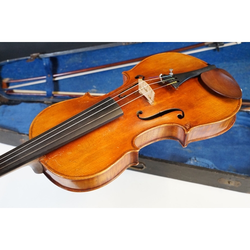 160 - Antique violin with two bows housed within a hard wood case, L 60cm (approx.)