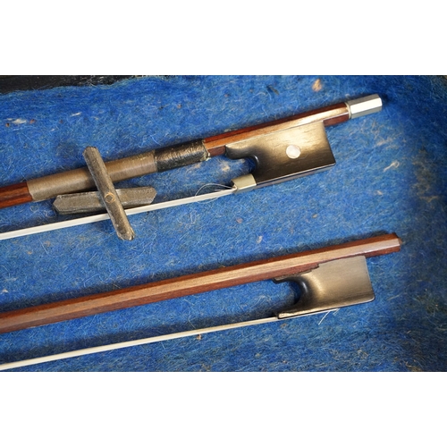 160 - Antique violin with two bows housed within a hard wood case, L 60cm (approx.)