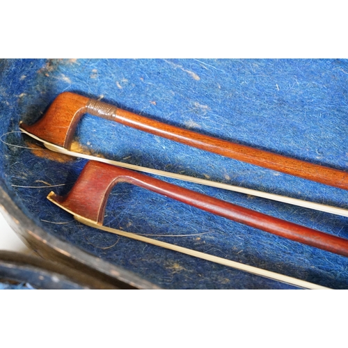 160 - Antique violin with two bows housed within a hard wood case, L 60cm (approx.)