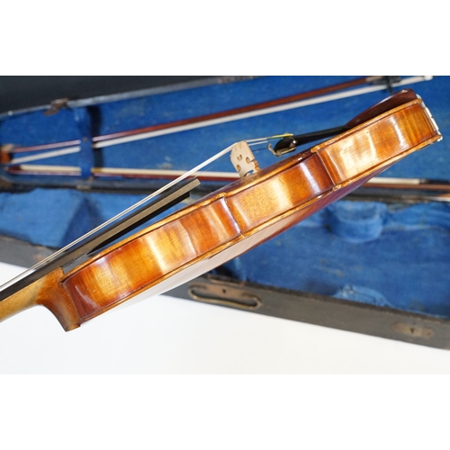 160 - Antique violin with two bows housed within a hard wood case, L 60cm (approx.)