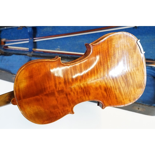 160 - Antique violin with two bows housed within a hard wood case, L 60cm (approx.)