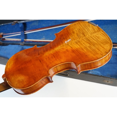 160 - Antique violin with two bows housed within a hard wood case, L 60cm (approx.)