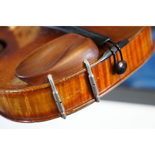 160 - Antique violin with two bows housed within a hard wood case, L 60cm (approx.)