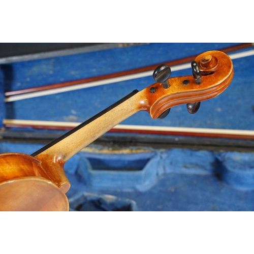 160 - Antique violin with two bows housed within a hard wood case, L 60cm (approx.)