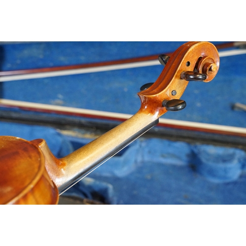 160 - Antique violin with two bows housed within a hard wood case, L 60cm (approx.)