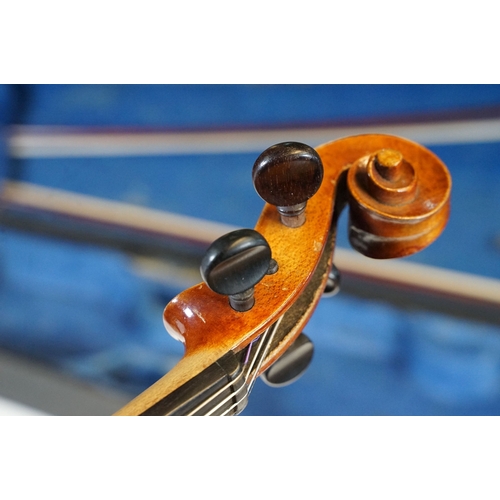 160 - Antique violin with two bows housed within a hard wood case, L 60cm (approx.)