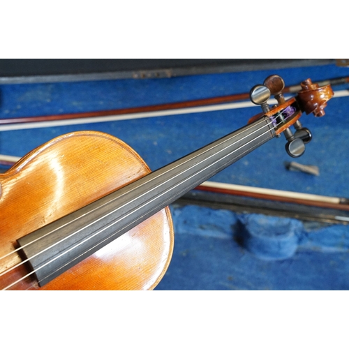 160 - Antique violin with two bows housed within a hard wood case, L 60cm (approx.)