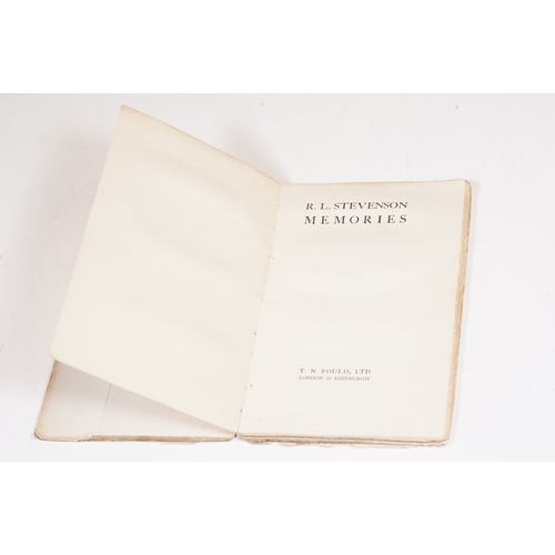 168 - Memories by Robert Louis Stevenson book, published by T. N. Foulis London & Edinburgh, 1923 with 25 ... 