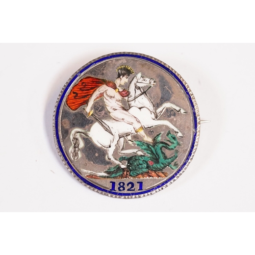 186 - British King George IV 1821 silver full crown coin brooch with enamelled decoration
