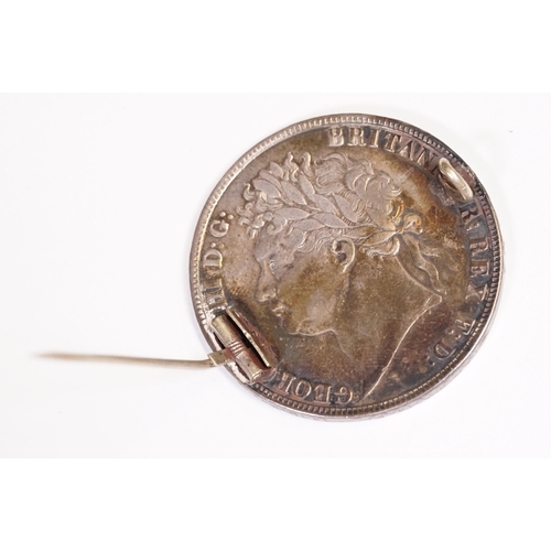 186 - British King George IV 1821 silver full crown coin brooch with enamelled decoration