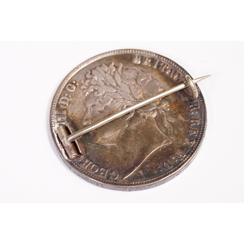 186 - British King George IV 1821 silver full crown coin brooch with enamelled decoration