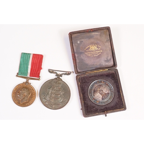 206 - WWI Mercantile Marine Medal awarded to Arthur Brunker, together with an unidentified Victorian bronz... 