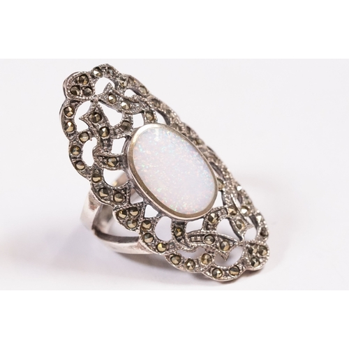 259 - Silver marcasite and opal panel ring.