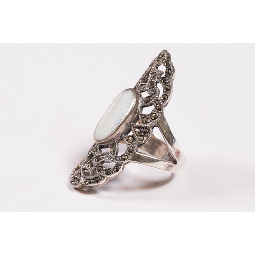 259 - Silver marcasite and opal panel ring.