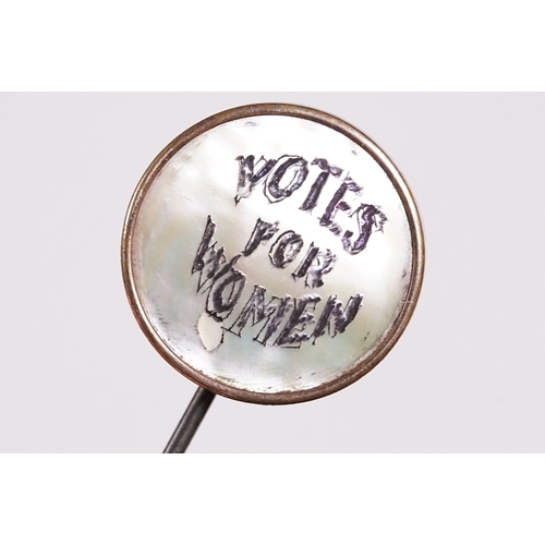 261 - Suffragette Interest - Early 20th Century 'Votes For Women' WSPU brass hat pin with mother of pearl ... 