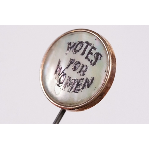 261 - Suffragette Interest - Early 20th Century 'Votes For Women' WSPU brass hat pin with mother of pearl ... 