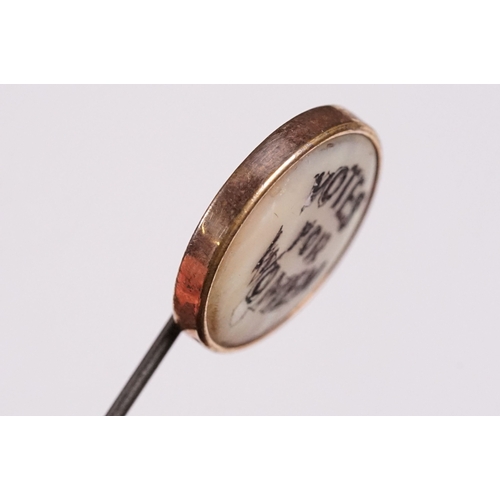 261 - Suffragette Interest - Early 20th Century 'Votes For Women' WSPU brass hat pin with mother of pearl ... 