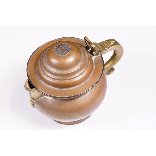 273 - An antique Georgian copper ale tankard set with King George III coin to the lid.