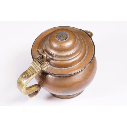 273 - An antique Georgian copper ale tankard set with King George III coin to the lid.