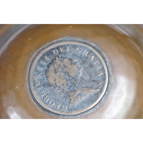 273 - An antique Georgian copper ale tankard set with King George III coin to the lid.