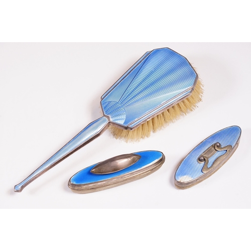 276 - An Art Deco fully hallmarked sterling silver and blue guilloche enamel vanity set to include brush a... 