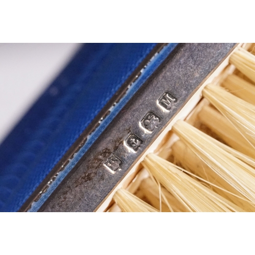 276 - An Art Deco fully hallmarked sterling silver and blue guilloche enamel vanity set to include brush a... 