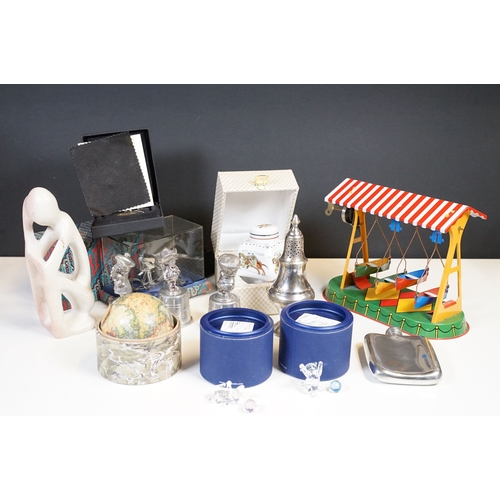 306 - A box of mixed collectables to include tinplate toy, swarovski ornaments, hip flask, oriental white ... 