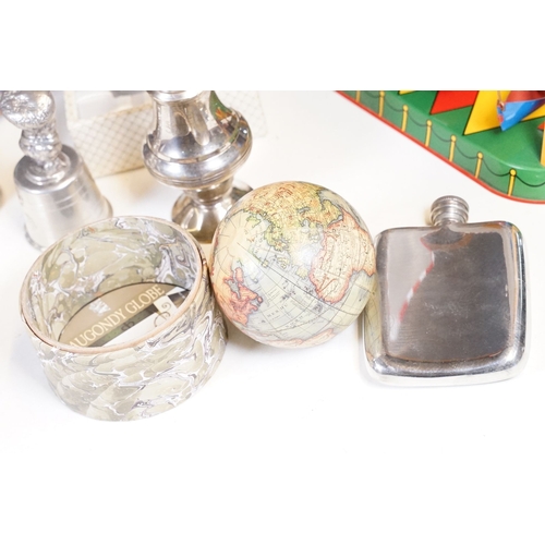 306 - A box of mixed collectables to include tinplate toy, swarovski ornaments, hip flask, oriental white ... 
