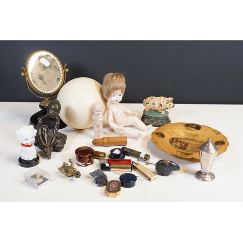 328 - A box of mixed collectables to include ostrich egg, doll, trinket boxes, door stop... etc...