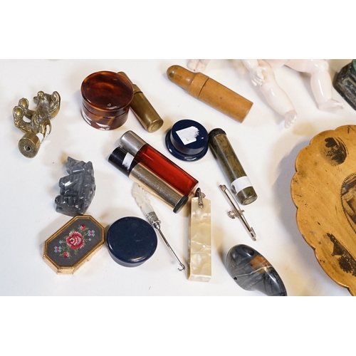 328 - A box of mixed collectables to include ostrich egg, doll, trinket boxes, door stop... etc...