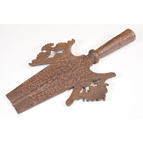 90 - Polearm head with intricate relief work and decorative side lugs, H 35.5cm, W 23cm