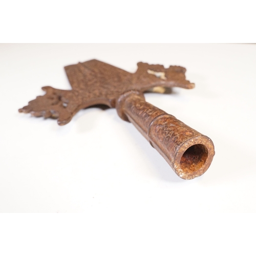 90 - Polearm head with intricate relief work and decorative side lugs, H 35.5cm, W 23cm