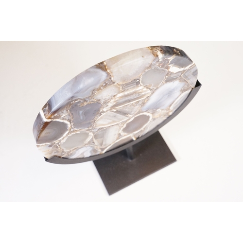 95 - Agate circular plaque, mounted on a stand, 24.5cm, diameter, height including stand 34cm