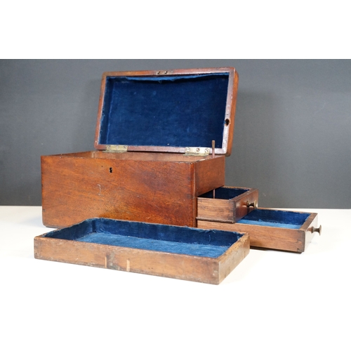 87 - Victorian mahogany desk top collectors chest, the hinged lid enclosing a lift-out tray lined with bl... 