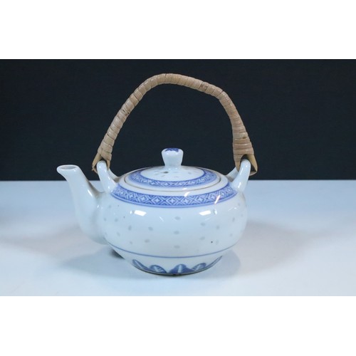 47 - Small group of Asian blue and white ceramics to include lidded cherry blossom tree jar, dragon detai... 