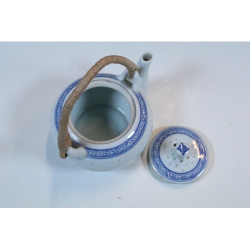 47 - Small group of Asian blue and white ceramics to include lidded cherry blossom tree jar, dragon detai... 