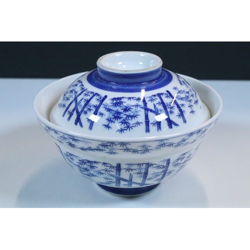 47 - Small group of Asian blue and white ceramics to include lidded cherry blossom tree jar, dragon detai... 
