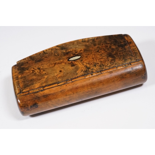 19th century burr walnut snuff box, detailed with a small Mother of ...