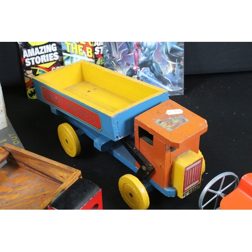 379 - Collection of mixed toys to include Triang garage, 3 x comics, 'Wood Products' wooden truck, etc