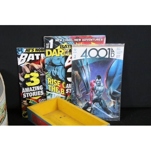 379 - Collection of mixed toys to include Triang garage, 3 x comics, 'Wood Products' wooden truck, etc