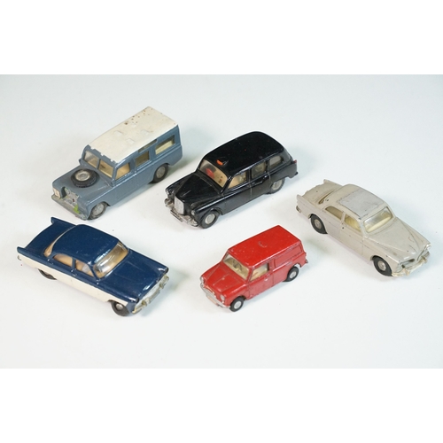 1408 - Five play worn Triang Spot On diecast models to include Zodiac, Morris Mini Van, LWB and Rover, Aust... 