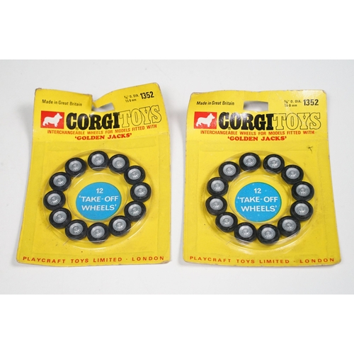 1385 - 18 Carded Corgi 1352 Golden Jacks Take off Wheel sets, complete and unopened, showing card bend and ... 