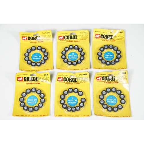 1387 - 16 Carded Corgi 1352 Golden Jacks 12 Take-off Wheels sets, complete and unopened, showing card bend ... 