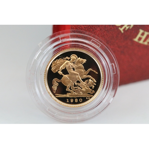 414 - A Royal Mint United Kingdom Queen Elizabeth II 1980 gold proof half sovereign coin, encapsulated wit... 