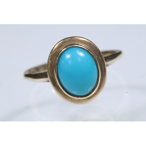 53 - 9ct gold and turquoise coloured stone ring being set with an oval cabochon. Hallmarked Sheffield 199... 