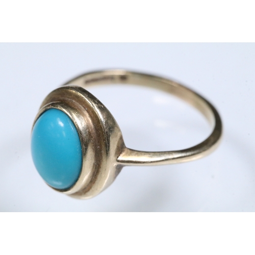 53 - 9ct gold and turquoise coloured stone ring being set with an oval cabochon. Hallmarked Sheffield 199... 