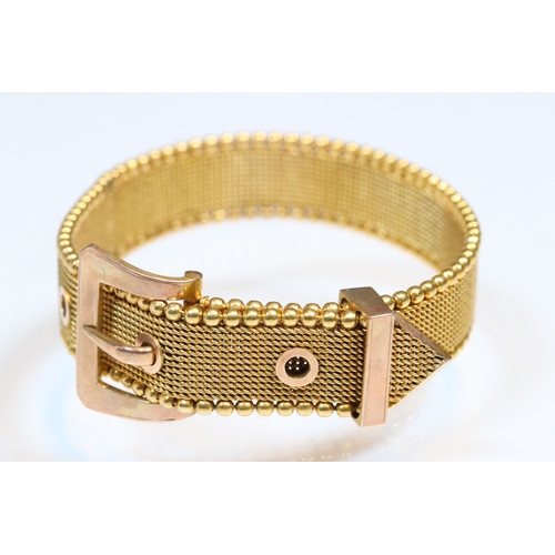 7 - 19th Century Victorian 9ct gold mesh bracelet in the form of a belt with buckle clasp and three buck... 